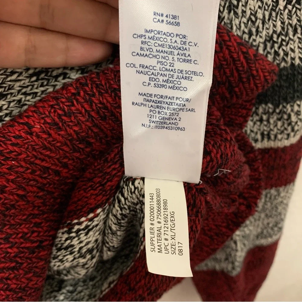 Chaps Ralph Lauren Sweater Mens XL Gray Red Striped Knit Henley Button Collar - Picture 7 of 10